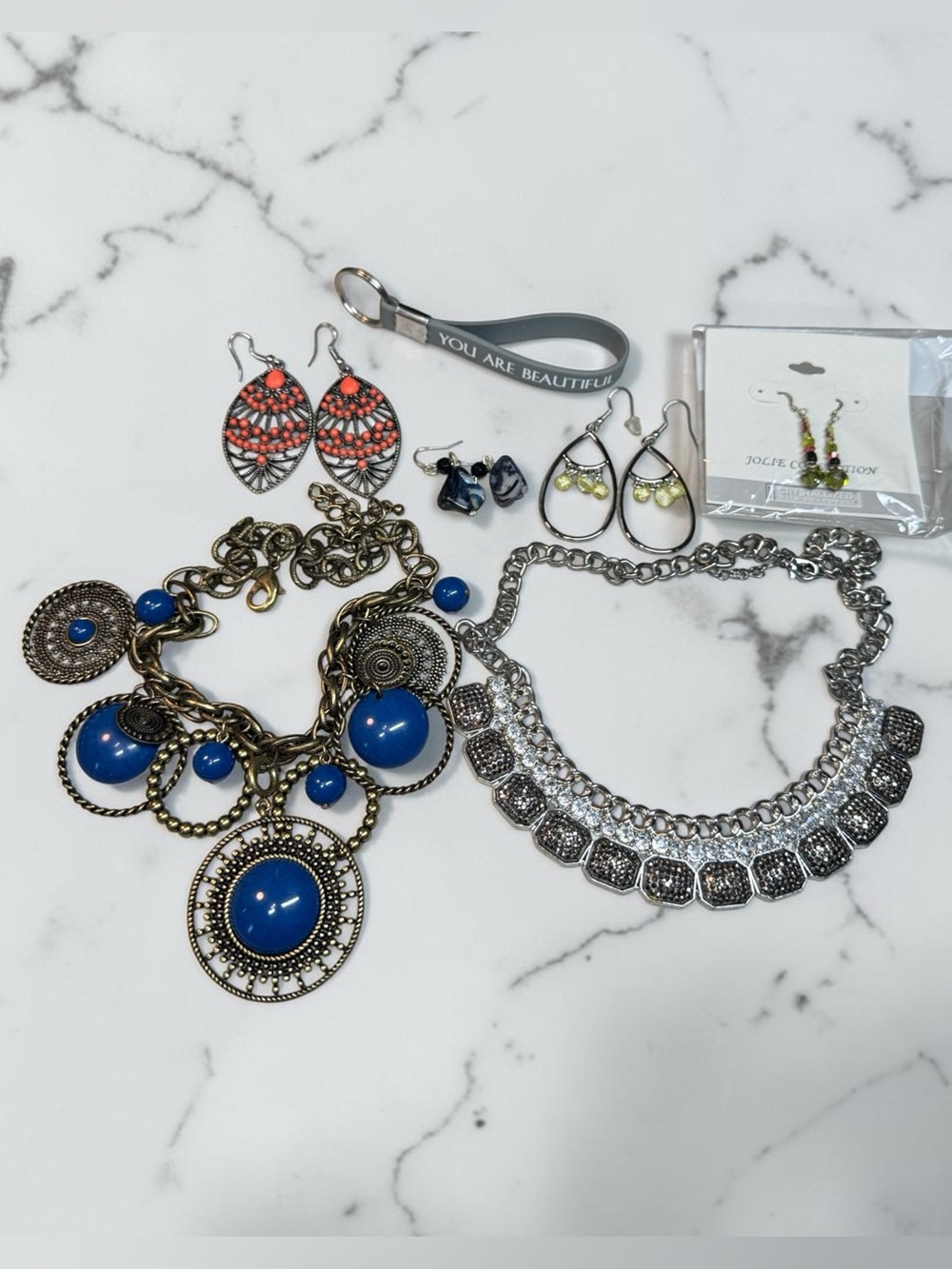 YOU ARE BEAUTIFUL Jewelry Lot.  2 Necklaces, 4 sets earrings, & keychain.